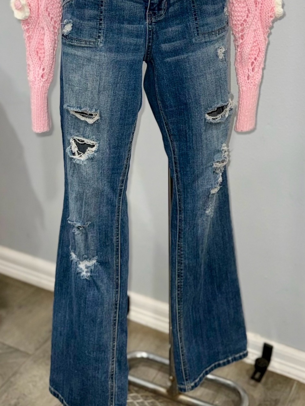 Amethyst Jeans Distressed Flare in Medium Blue